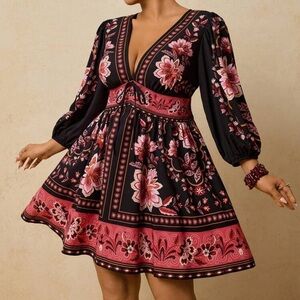 Plus Bohemian Floral Pattern V Neck Long Sleeve Mini Dress 1X 2X 3X